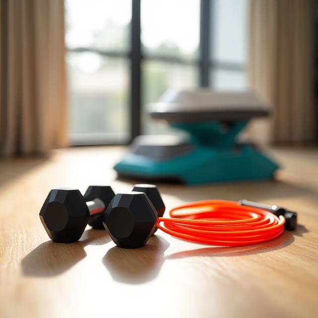 Complete home gym bundle featuring dumbbells, a speed jump rope, and a compact aerobic stepper in a modern West Melbourne apartment.